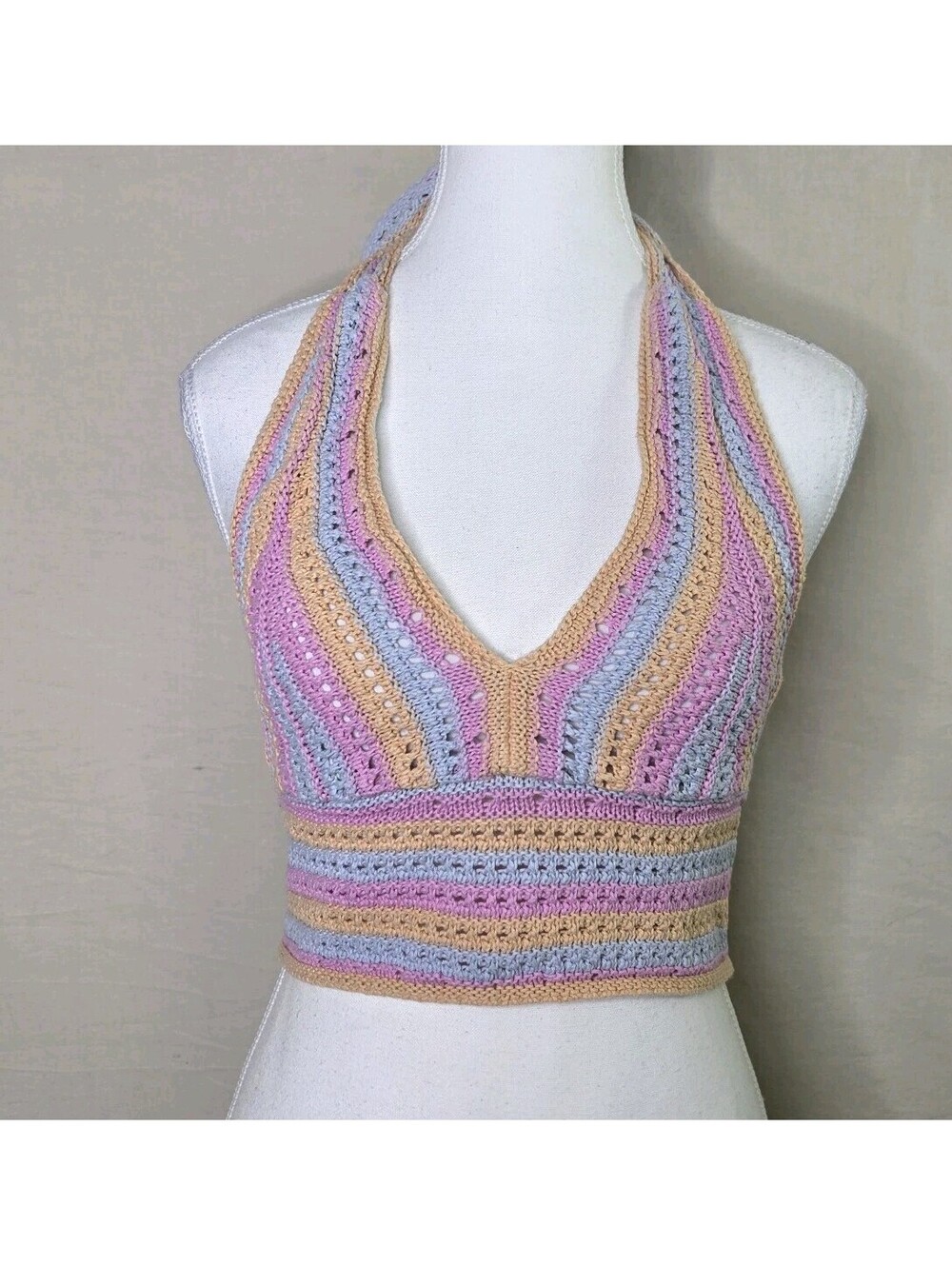 Hollister Crochet Halter Crop Top XS Pastel Pink Blue Striped Knit